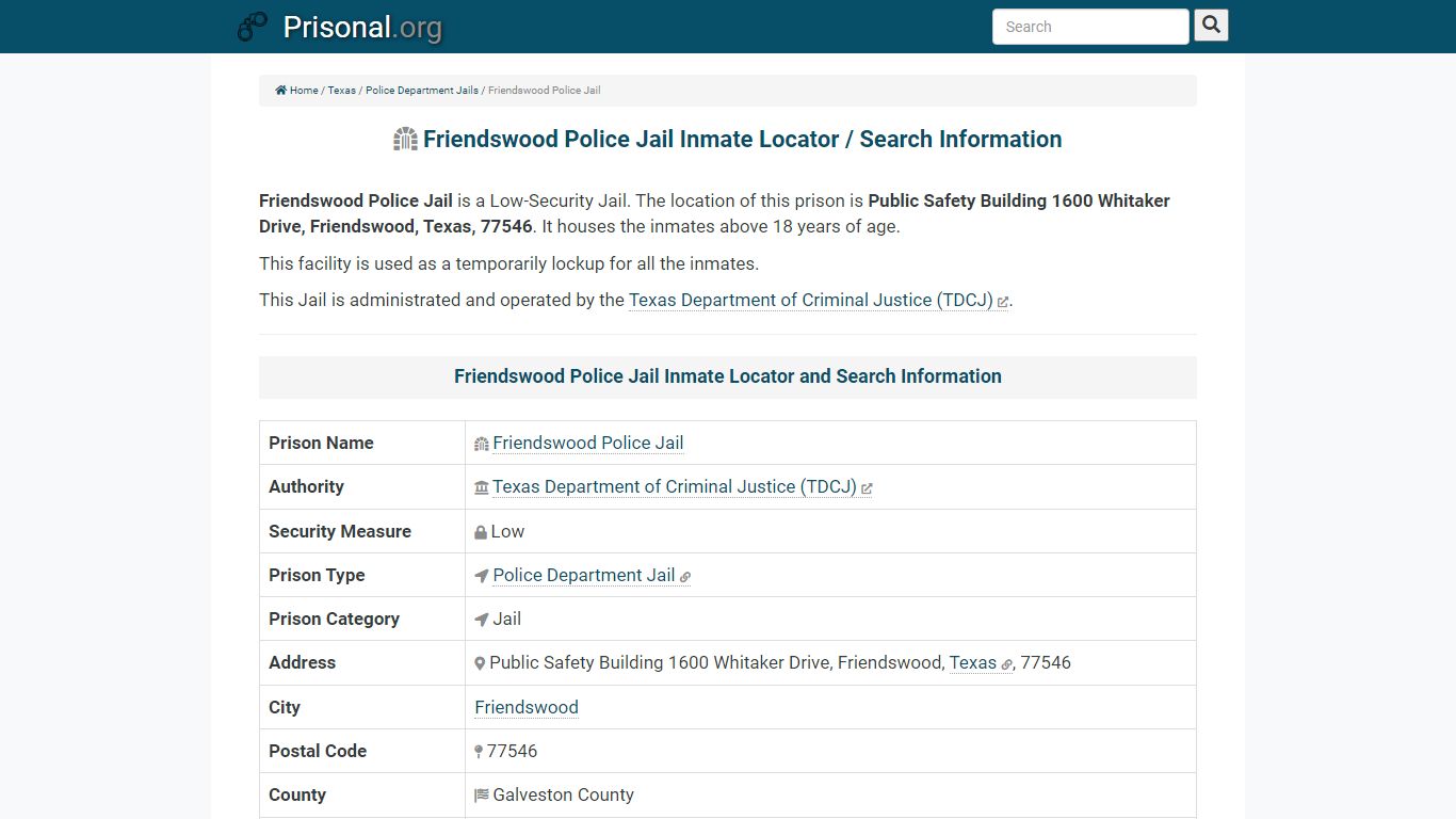 Friendswood Police Jail-Inmate Locator/Search Info, Phone, Fax, Email ...